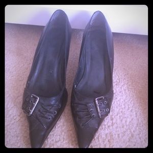 Black buckle detail kitten heels leather